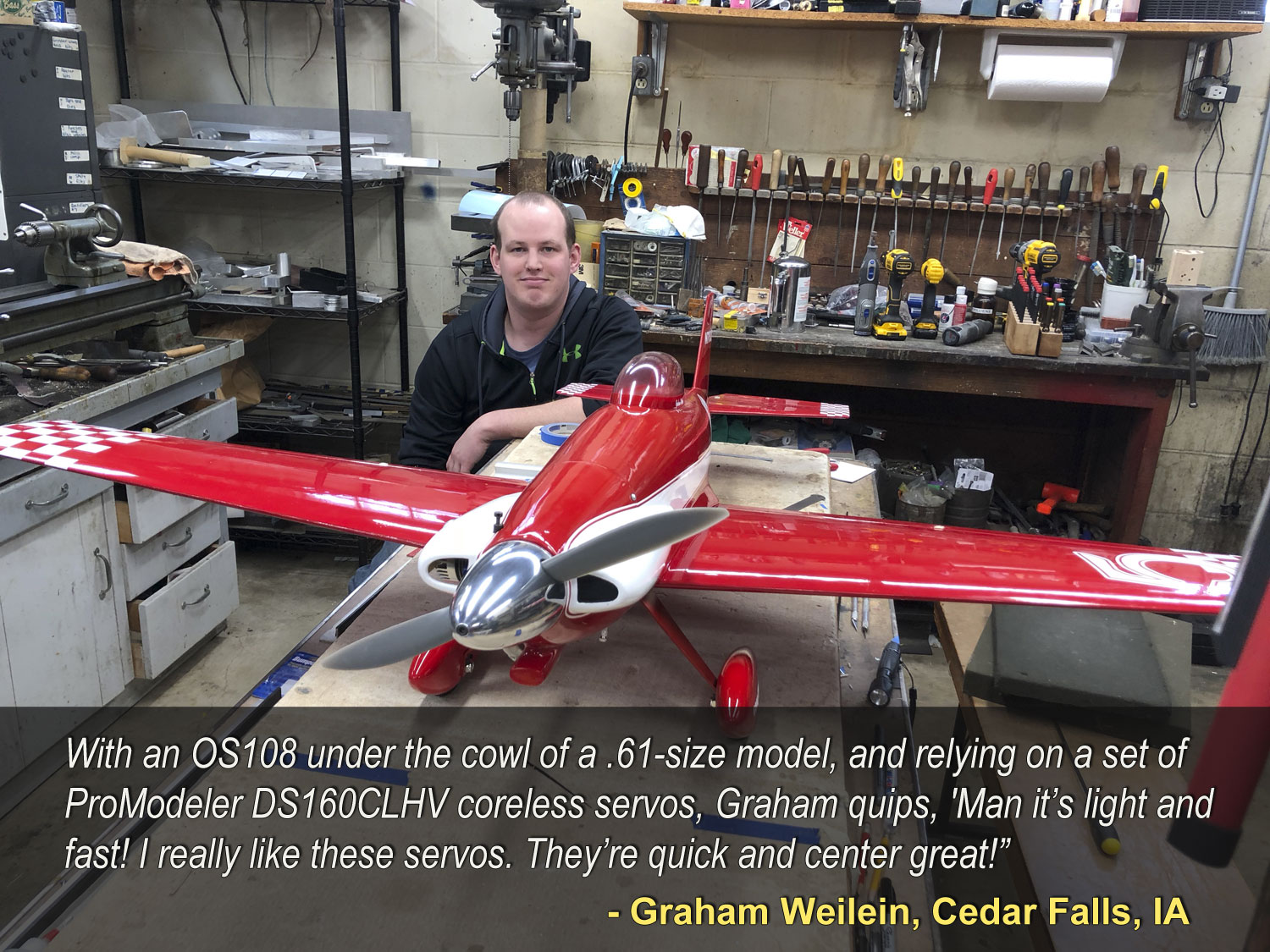 Photo of Graham Weilein in his workshop with a pylon racer equipped with ProModeler DS160CLHV coreless mini-class servos