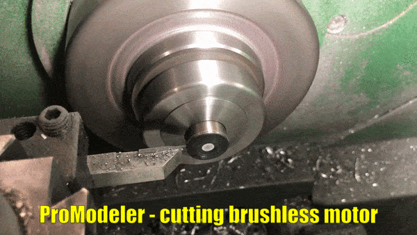 Looping gif of cutting open a ProModeler brushless servo motor using a lathe