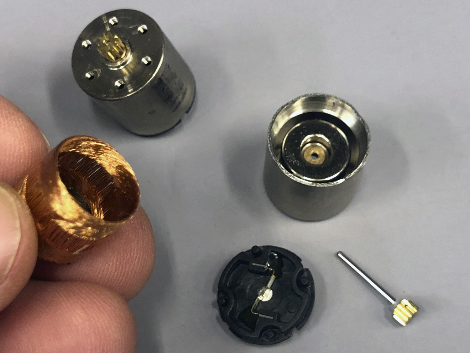 Close up photo of a ProModeler coreless motor, where copper wire windings are formed with a mandrel, a delicate operation resulting in significantly greater costs