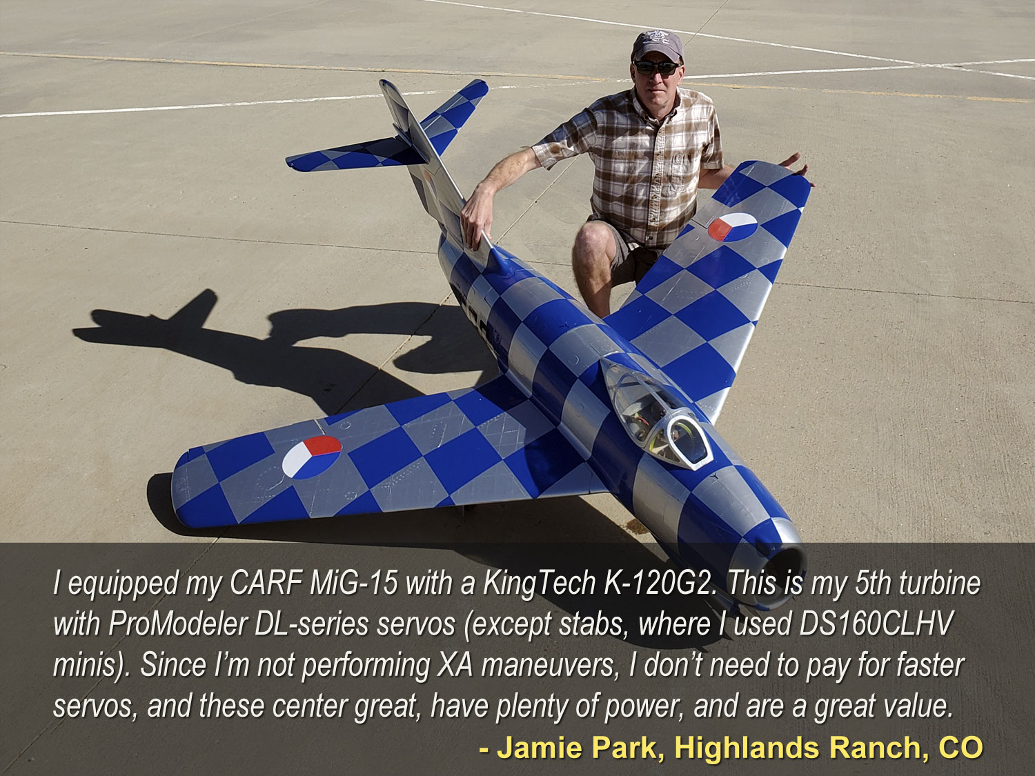 Wide photo of Jamie Park with his CARF Mig15 equipped with some of the world's best servos, ProModeler DL series