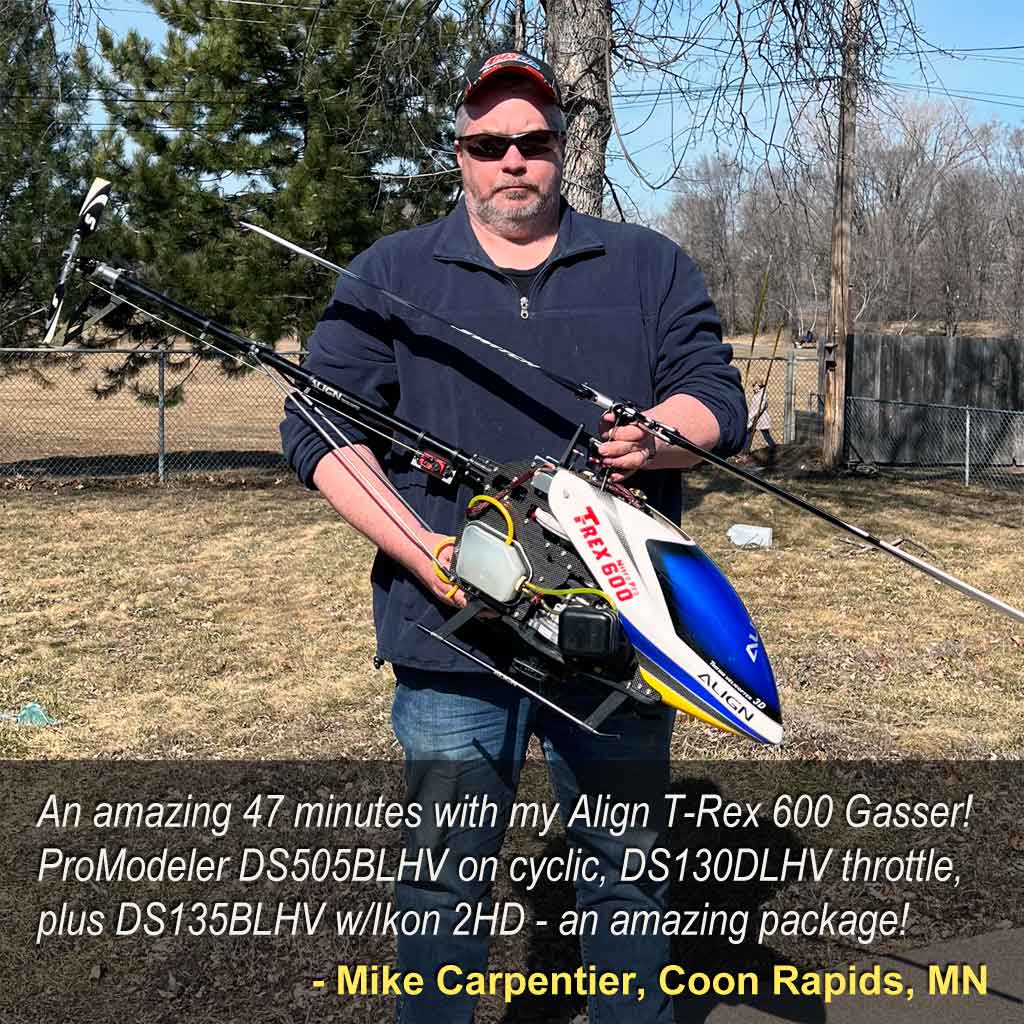 Mike Carpentier's T-Rex 600 Gasser with ProModeler DS505BLHV, DS135BLHV, and DS1130DLHV servos